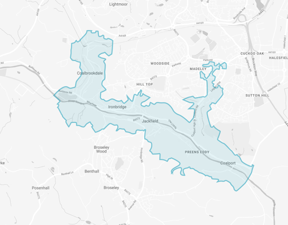 Image of the Ironbridge Gorge World Heritage Site area map.